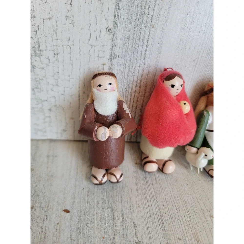 Vintage Mary Joseph nativity seeing Shepherd wooden ornament Xmas set religious